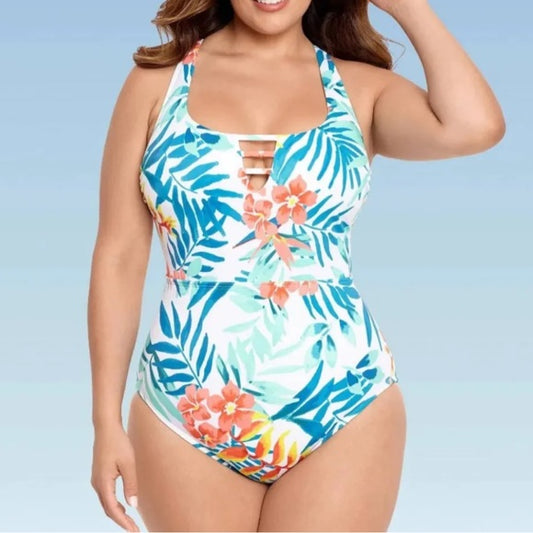 Beach Betty by Miracle Brands White Square-Neck Tropical Swimsuit XL NWT